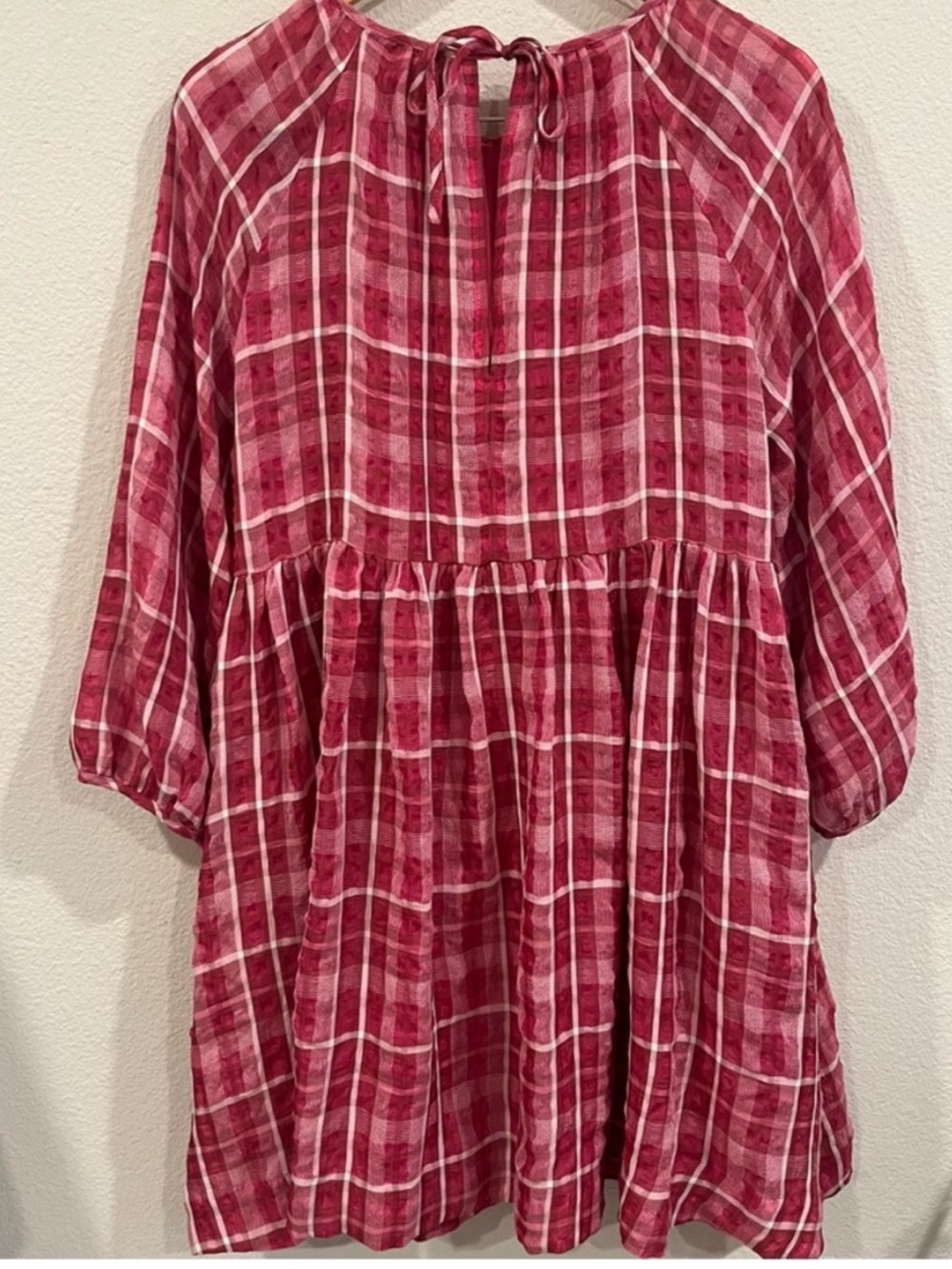 Madewell size large pink Plaid Shirred Babydoll Mini Dress